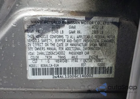 2006 Nissan Altima 2.5 S из США, поврежденный, VIN 1N4AL11D06C140002